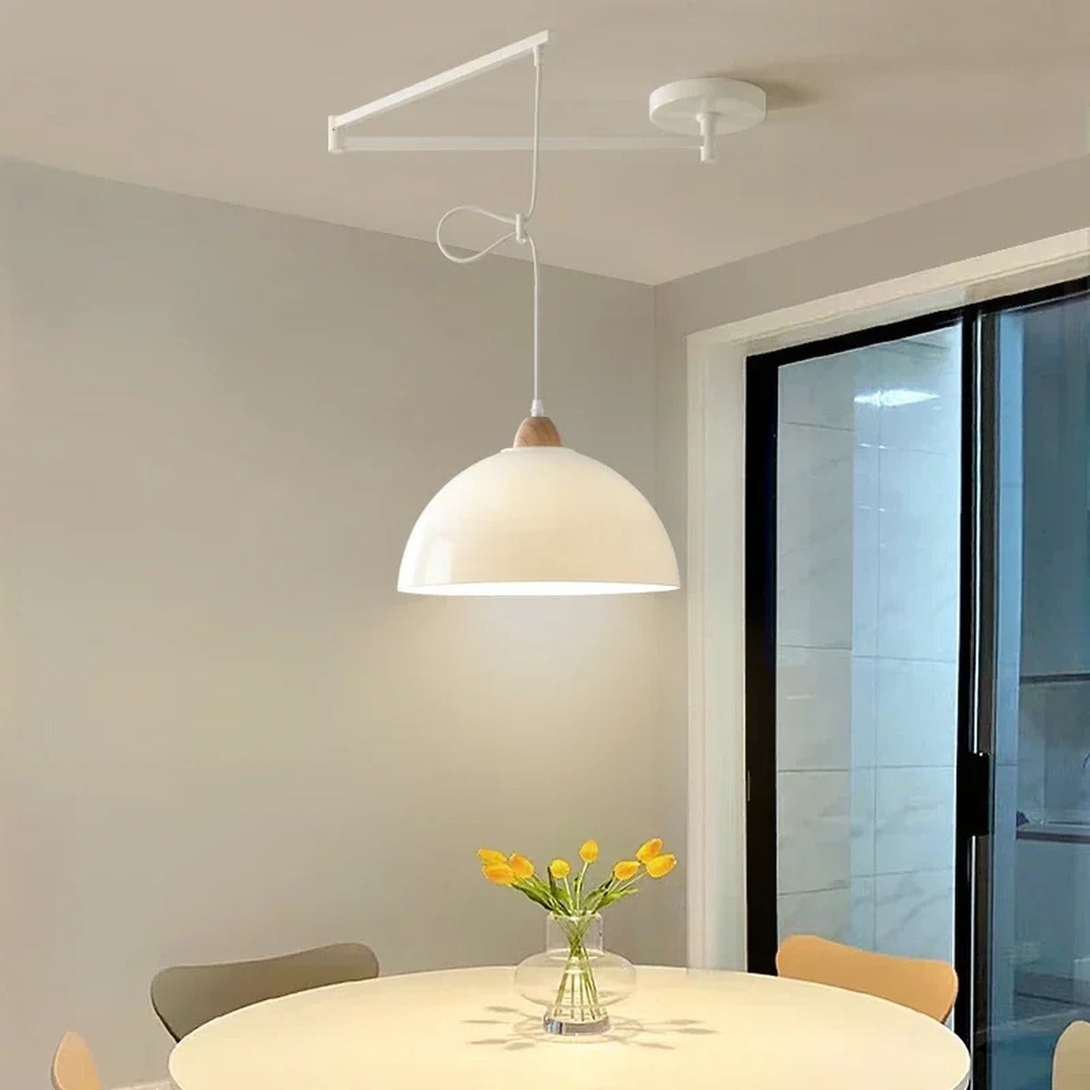 Swing-Arm Pendant Light – Galrex – Style B shade in white, lifestyle view