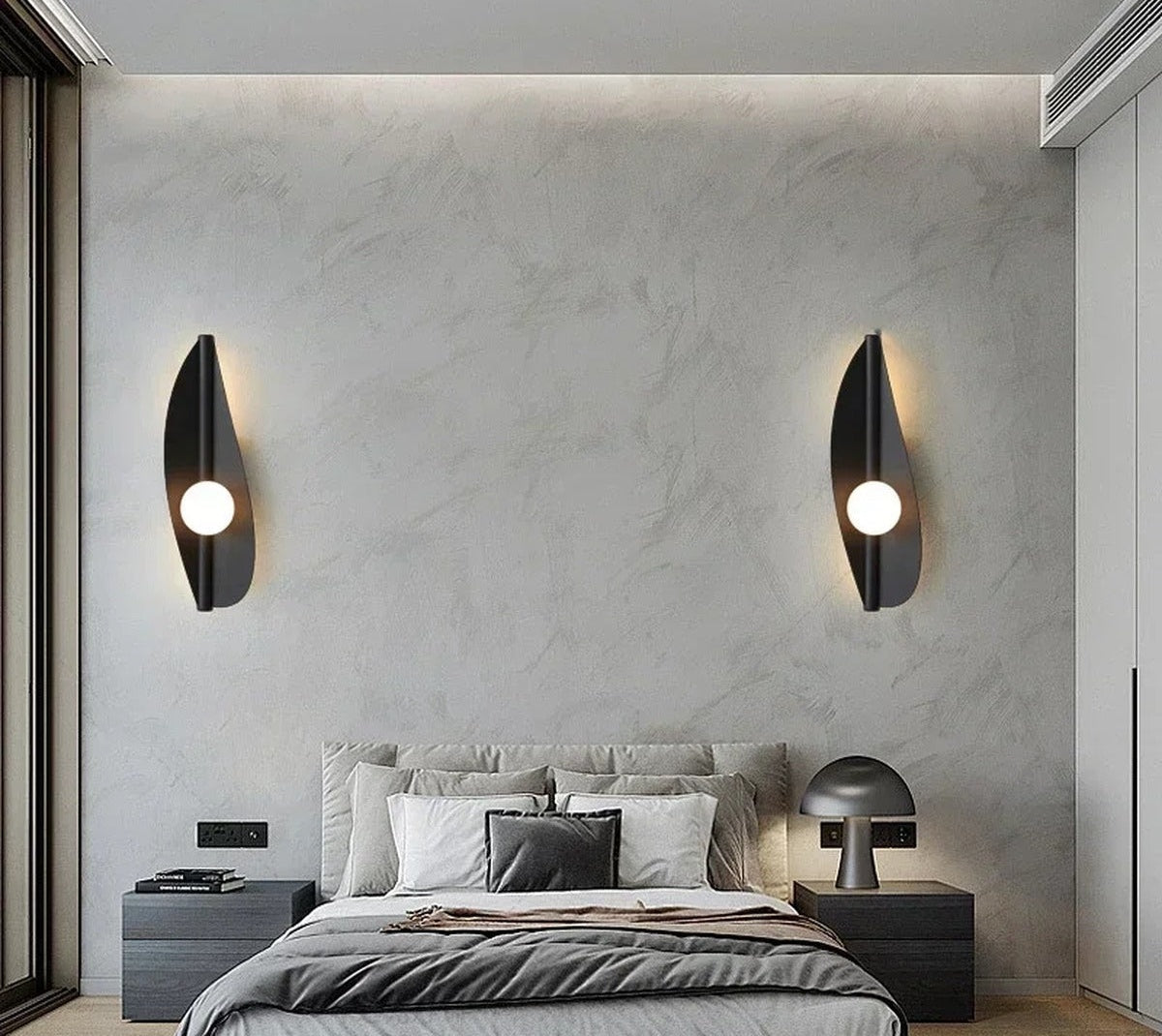 Wabi-Sabi Leaf-Form Wall Sconce Velanthos — black finish, bedroom lifestyle pair