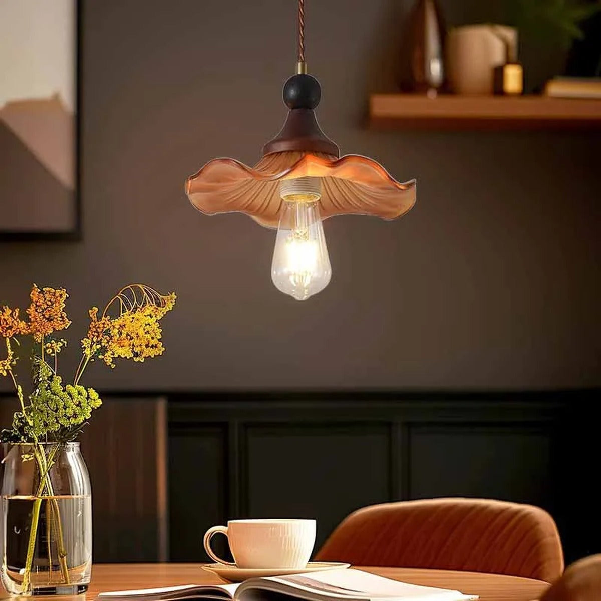 Ruffled Amber Glass Flower Pendant Light – Xelri – Lifestyle View 4