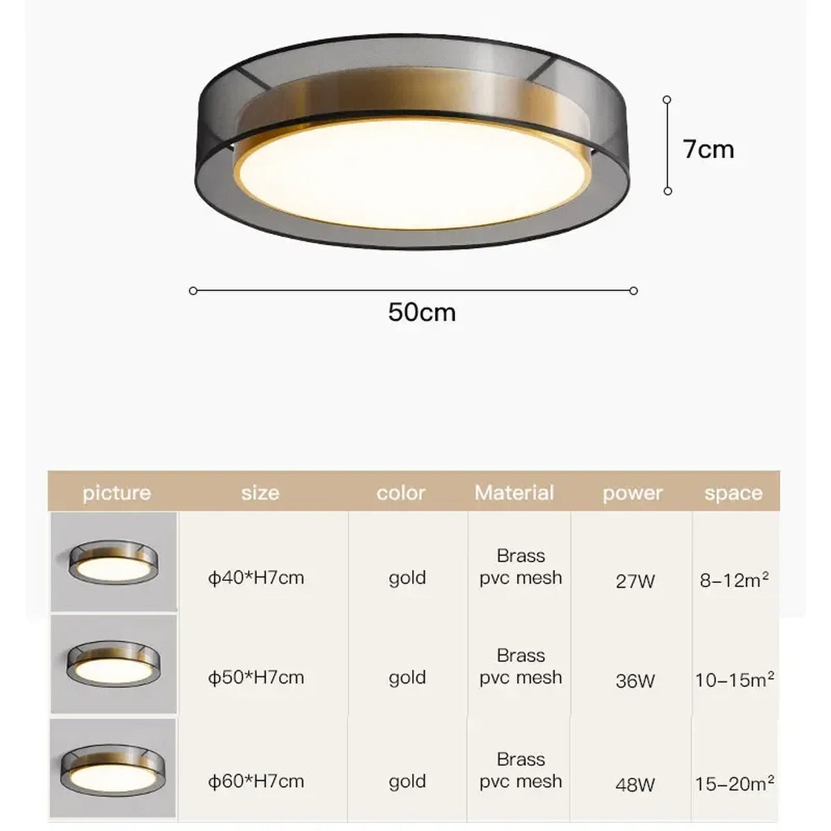Meridex Round Brass Ring Flush Mount Ceiling Light — dimensions detail, 50cm