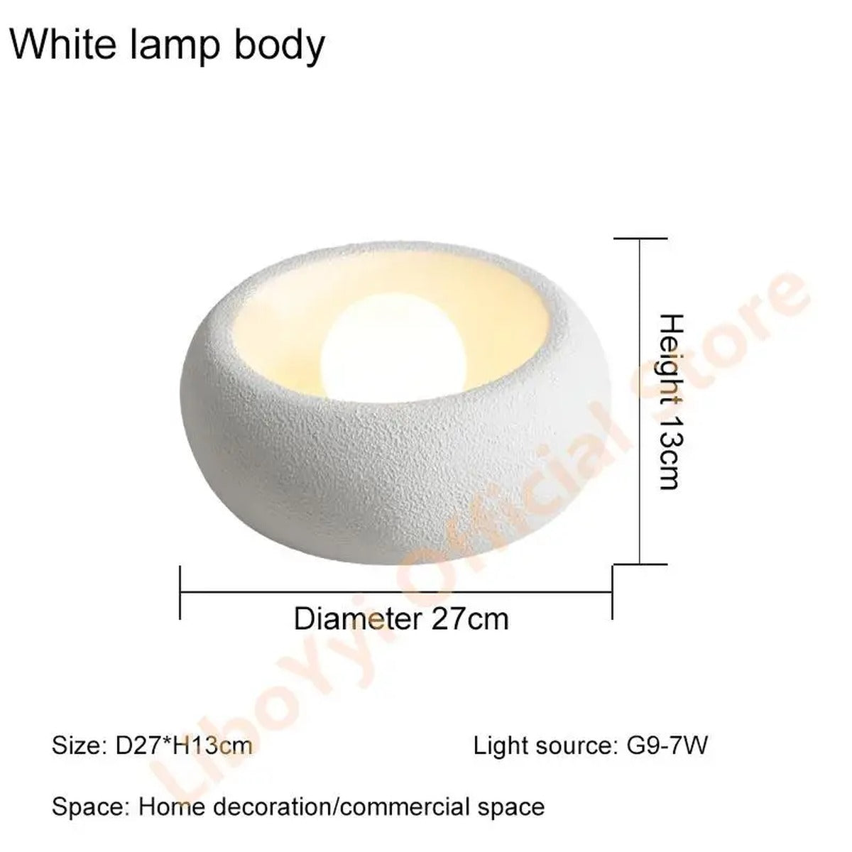 Gevoria — White finish, dimensions diagram Ø27cm x H13cm, G9-7W