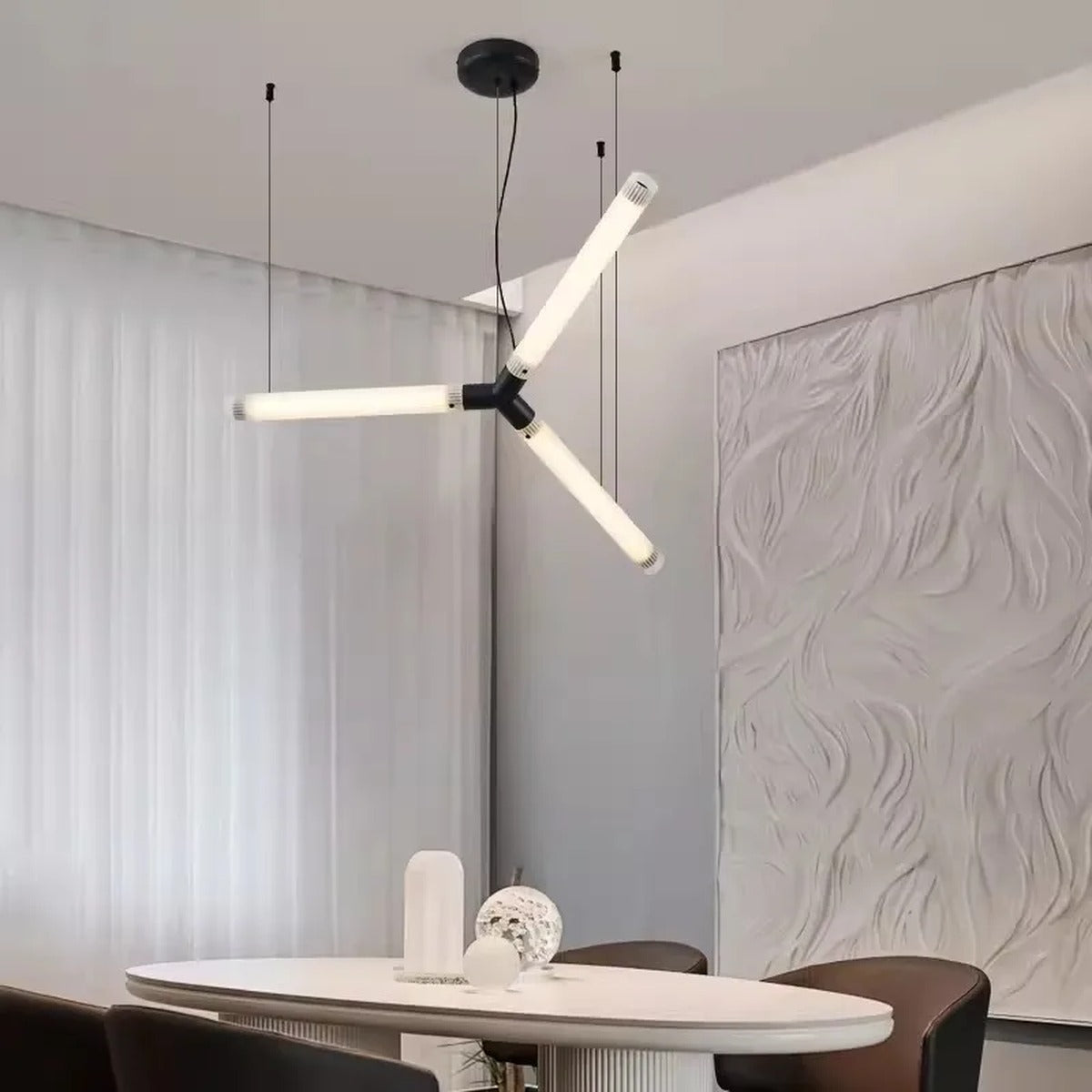 Rarlix — matte black finish over dining table, warm white light