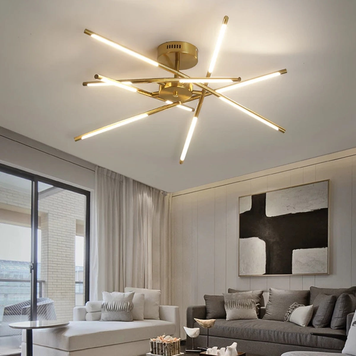 Solendra starburst linear chandelier in a modern living room