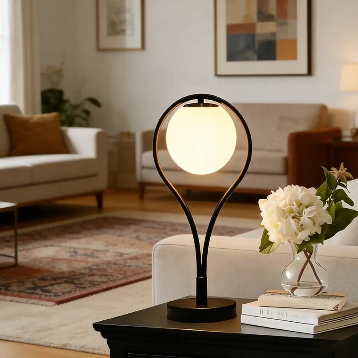 Haloria lamp – opal frosted globe suspended in teardrop black metal frame