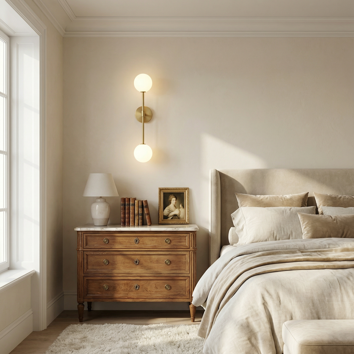 Velaro Twin Globe Wall Sconce – Brass, Bedroom Lifestyle