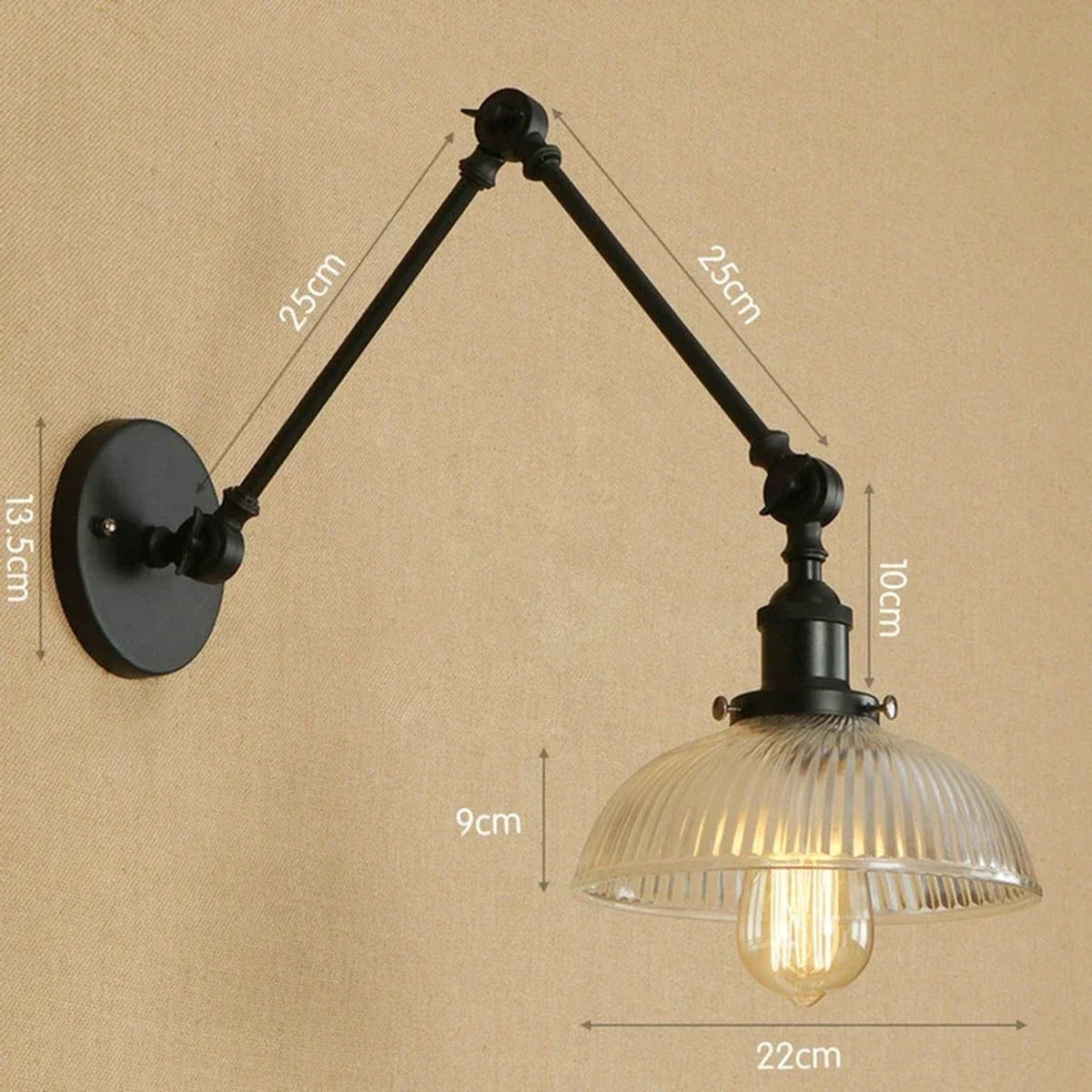 Ribbed Glass Swing-Arm Wall Sconce Velindros – Black Finish Detail & Dimensions
