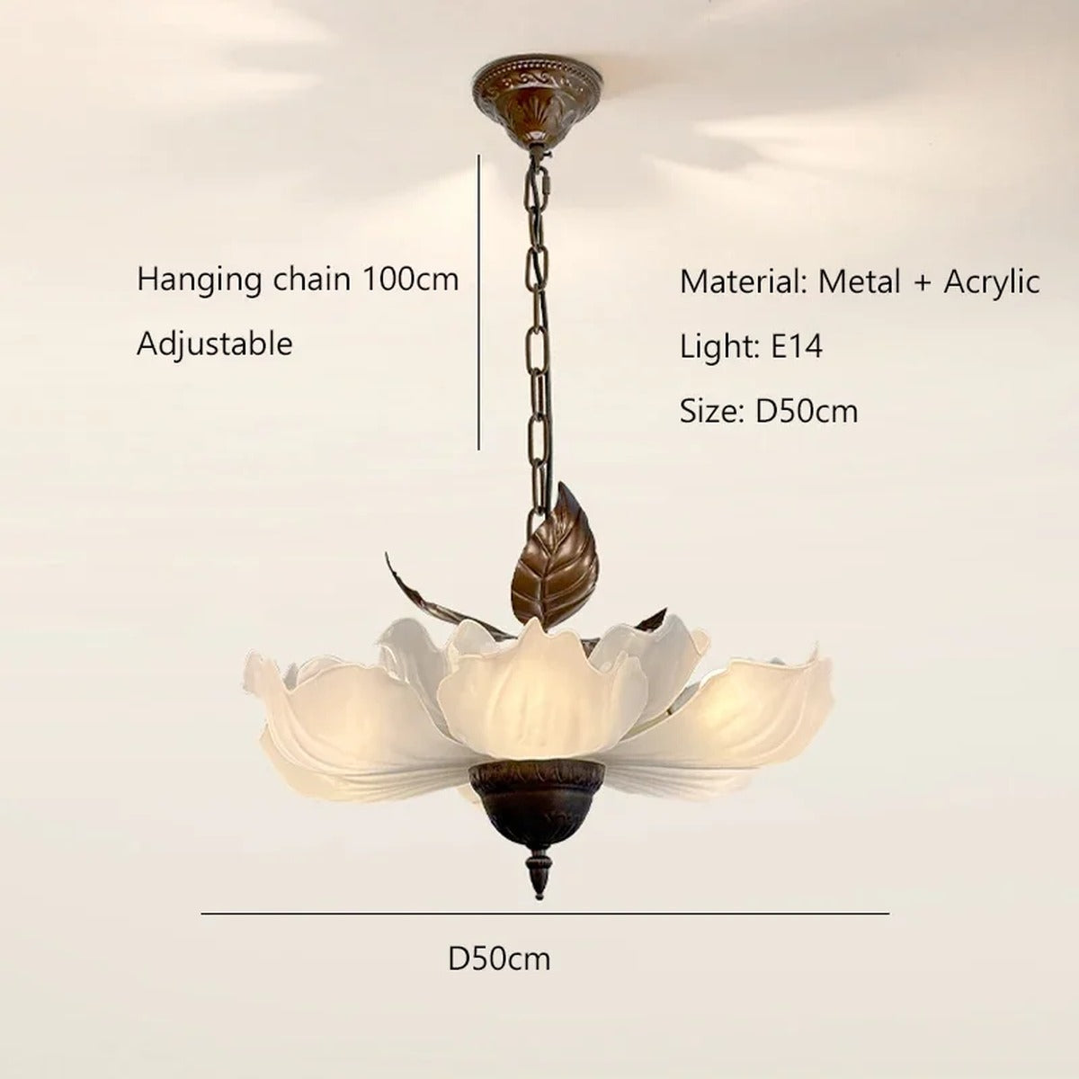 Florevian chandelier dimensions — 50cm diameter, 100cm adjustable chain