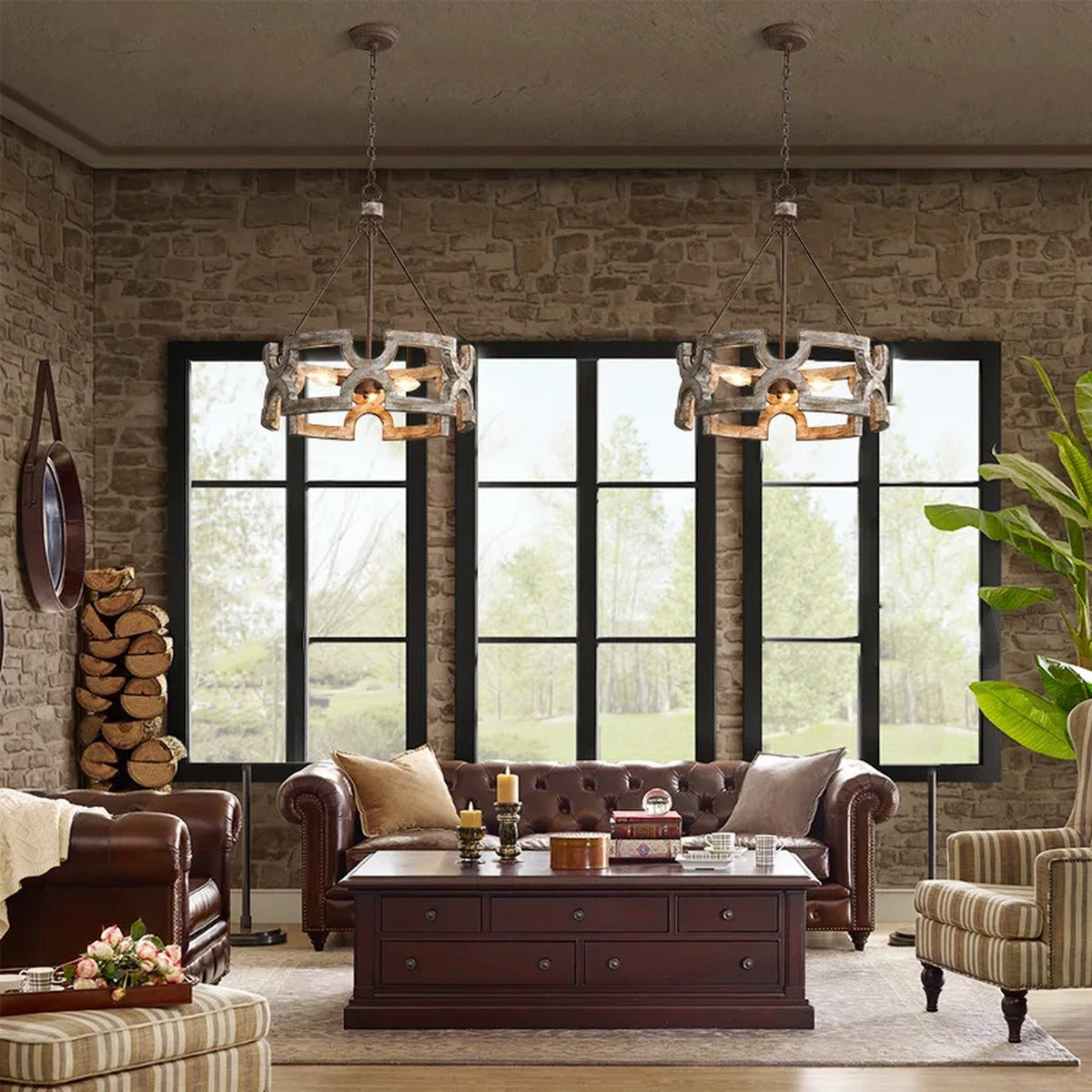 Carved Wood Geometric Ring Chandelier – Luxaren – Lifestyle View 2