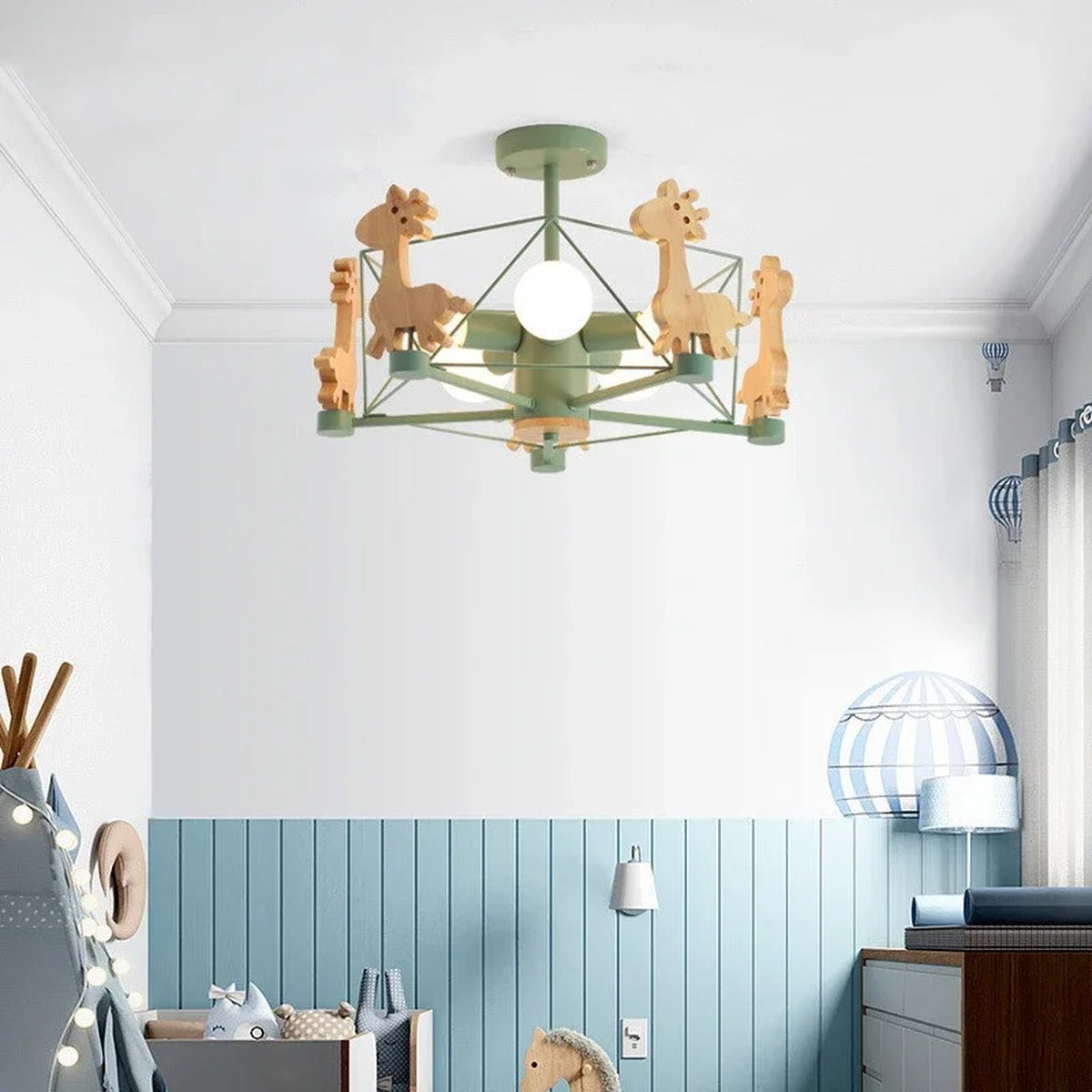 Children's Wood Giraffe Chandelier Lunvix — Green, close view