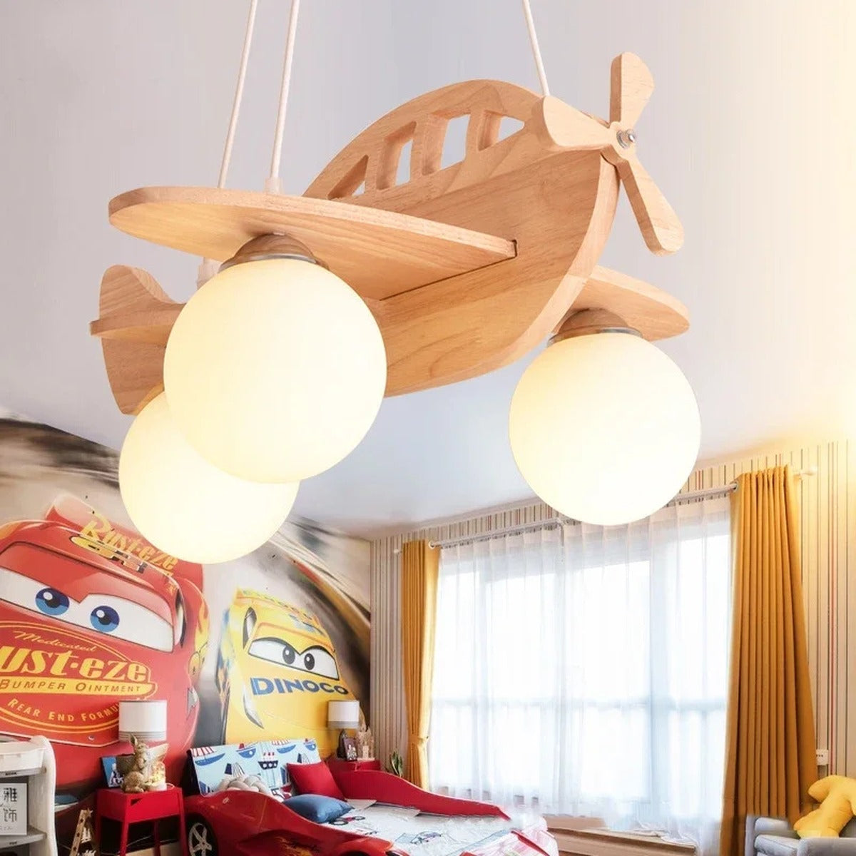 Wood Aircraft Chandelier Avirath — Natural Wood Finish, Lifestyle View