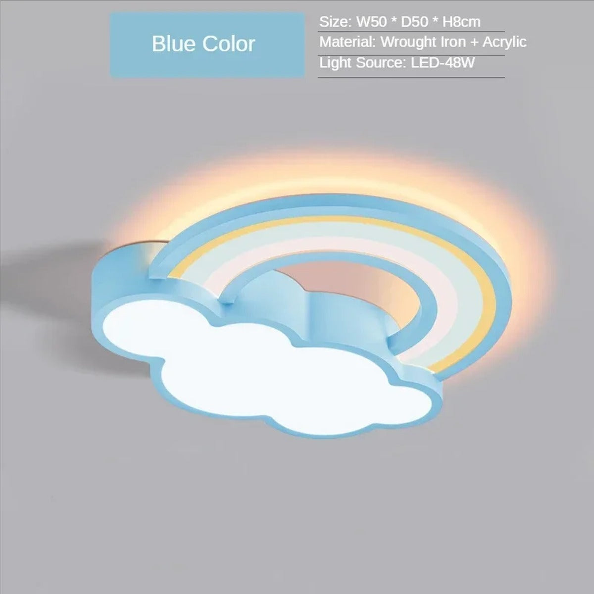 Quieton rainbow and cloud LED ceiling light, Blue Color, size and material detail