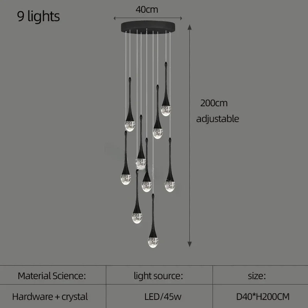 Crystal Raindrop Spiral Chandelier – Lumenvault – Size Chart, 9 Lights