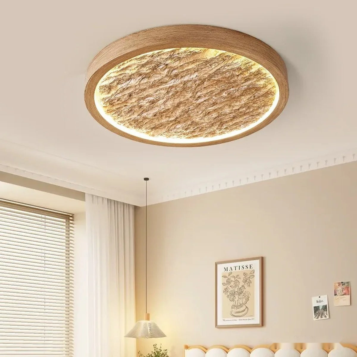 Wabi-Sabi Textured Ring Flush Ceiling Light – Zenithor – Wood-tone lifestyle in bedroom