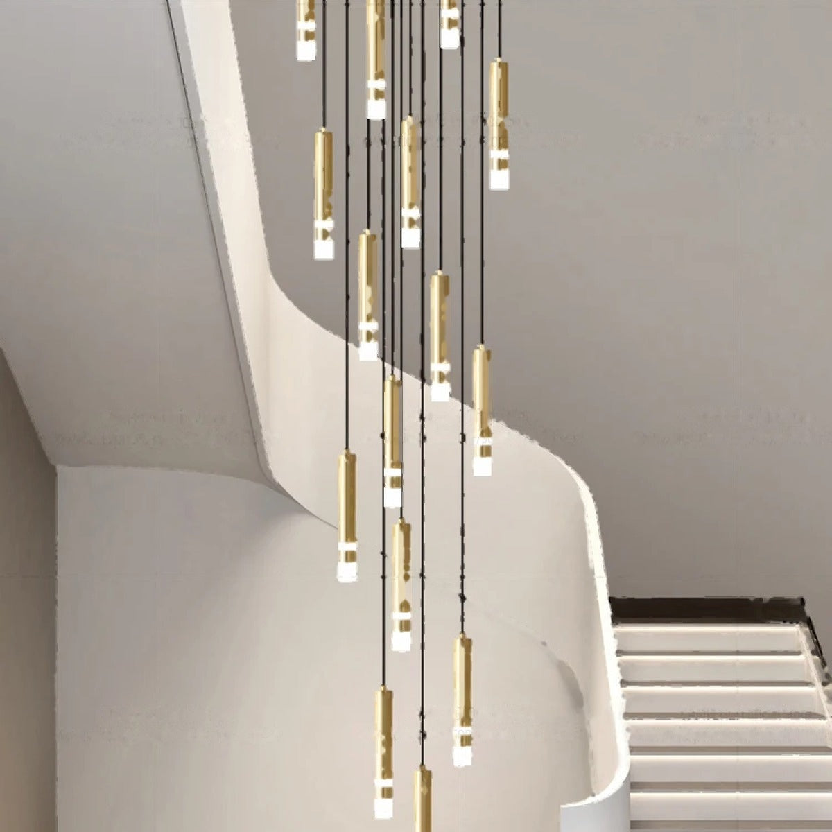 Cletya Prismarc gold cylinder cluster pendant chandelier with multiple slender brushed gold tubes