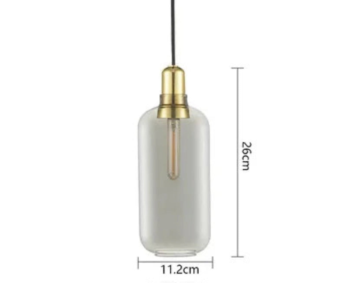 Czaelindra pendant light – Clear + Brass, Long, dimensions 11.2 x 26 cm