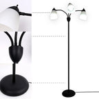 Merelix floor lamp detail — gooseneck arms, frosted shade and weighted base