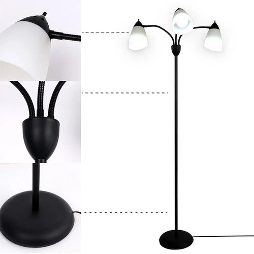 Merelix floor lamp detail — gooseneck arms, frosted shade and weighted base