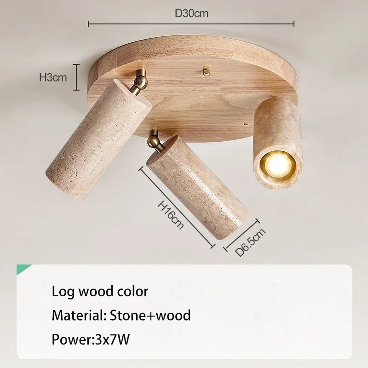 Travertine 3-Head Adjustable Ceiling Spotlight – Solveth – Light Wood Dimensions