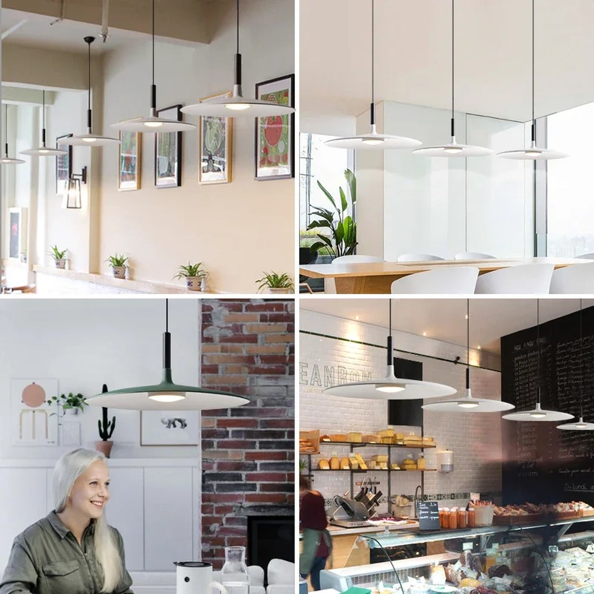 Wide Saucer Disc Pendant Light – Dolux – Lifestyle Collage in Interiors, White and Green