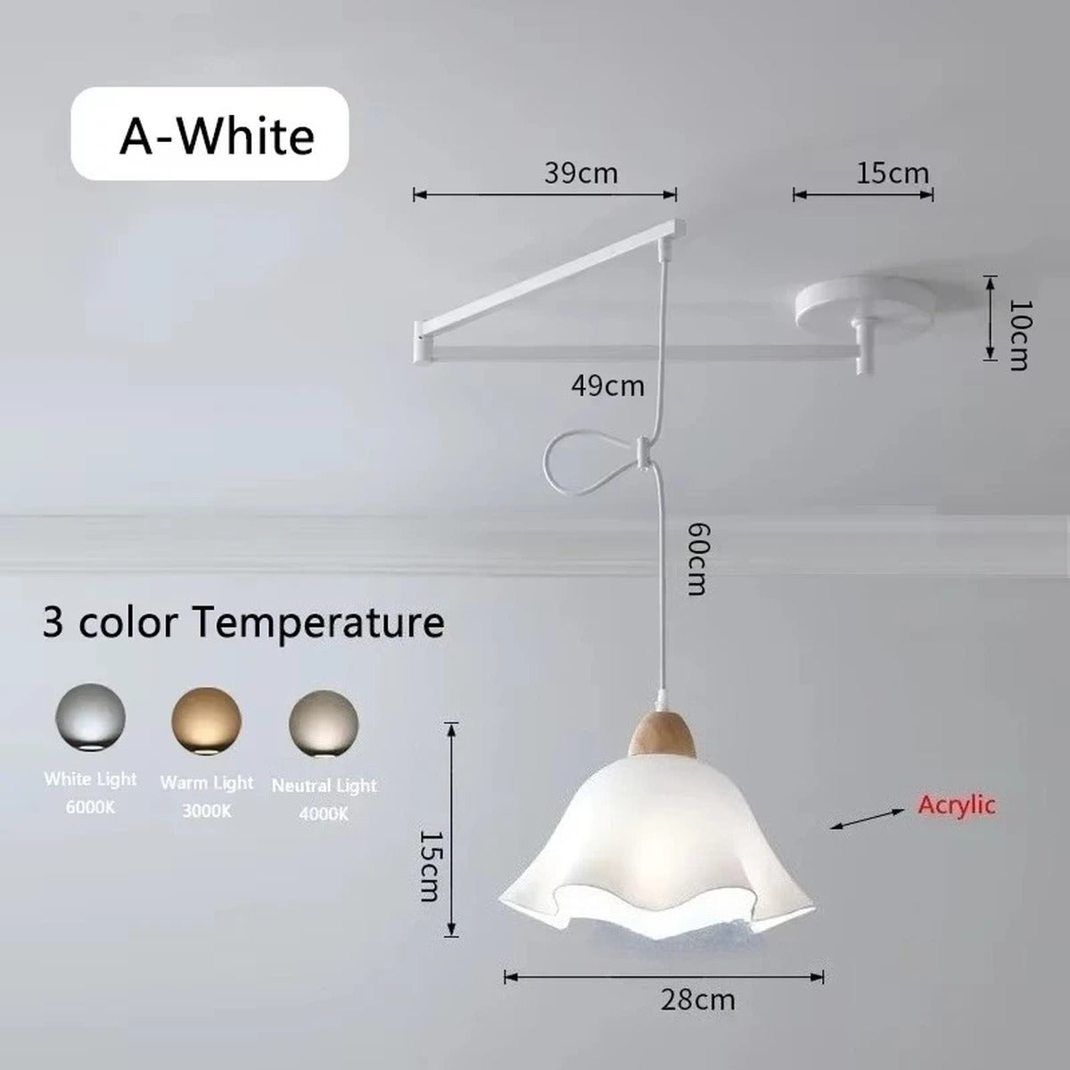 Swing-Arm Pendant Light – Galrex – Classic shade in white, dimensions and finish