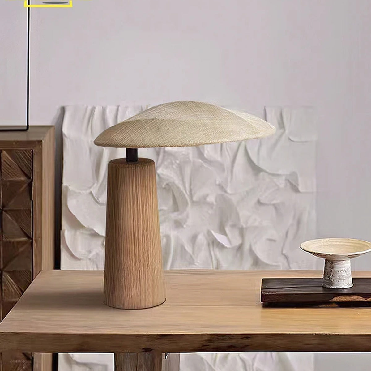 Oak Base Linen Elliptical Table Lamp – Novalith – Lifestyle View 2