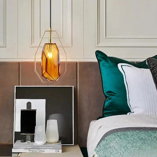 Brass Octagonal Frame Faceted Glass Pendant Light – Glacen – Lifestyle View 2
