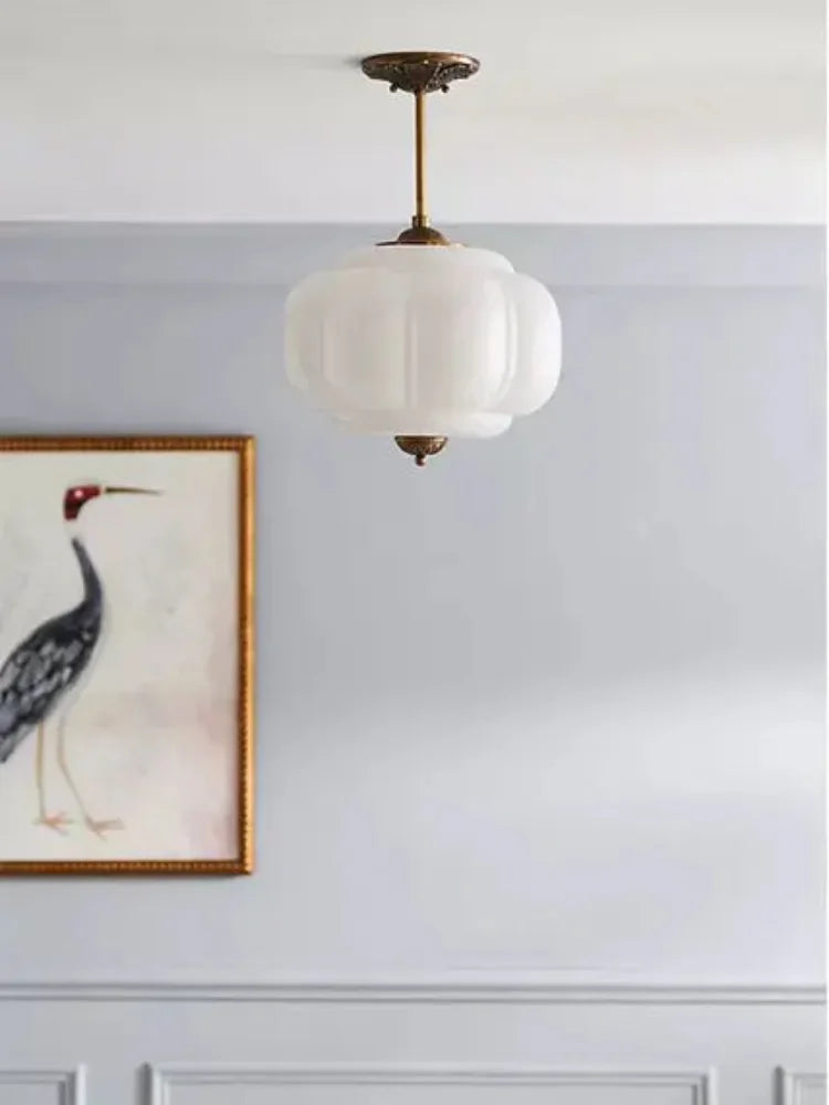 French Fluted Glass Pendant Light Waelion – Melon shape in Milk White, bedroom detail