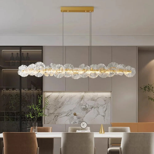 Florenza chandelier — close-up of frosted crystal petals with gold connectors
