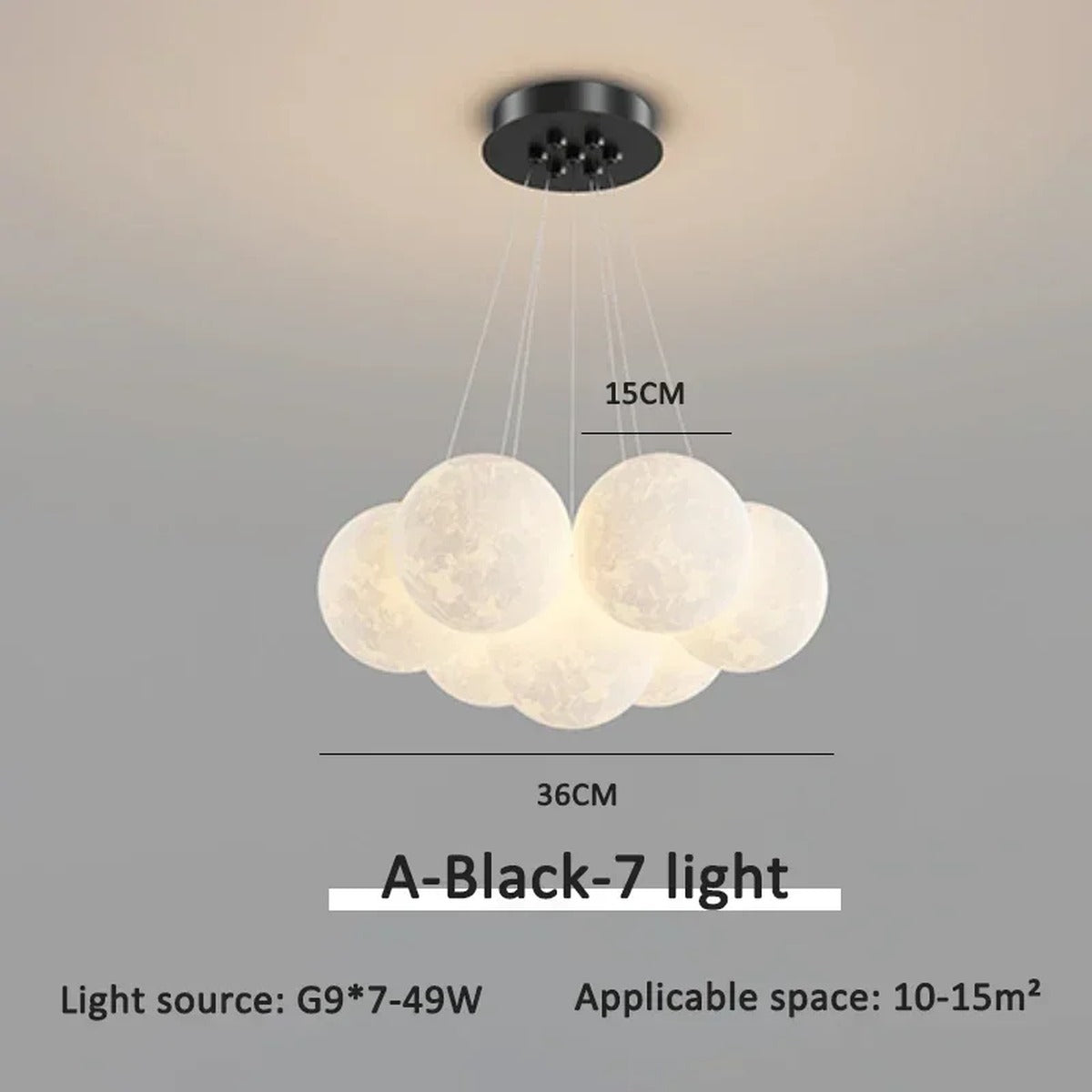 Cascading Moon Sphere Cluster Chandelier – Orineth – Black, 7-Light Ø15cm