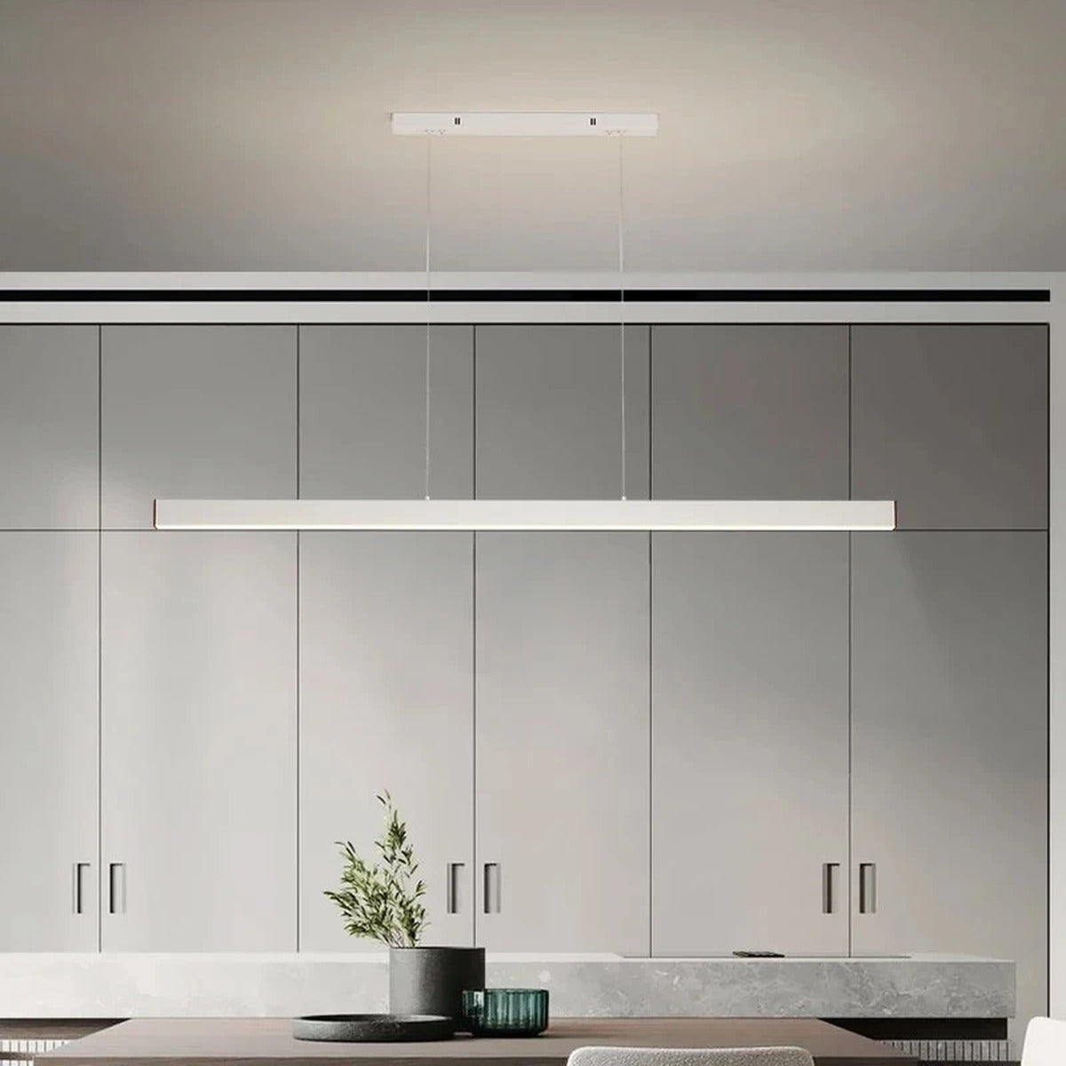 Linexa White LED Bar Pendant Light against grey cabinetry