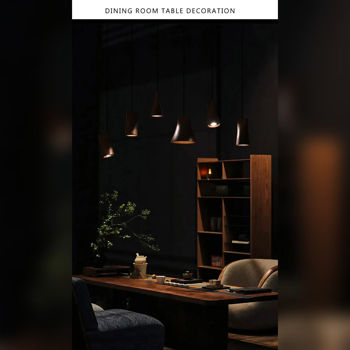 Yaelrix pendant light, Dark Wood finish, four shade shapes: cone, slanted cone, cylinder, slanted cylinder