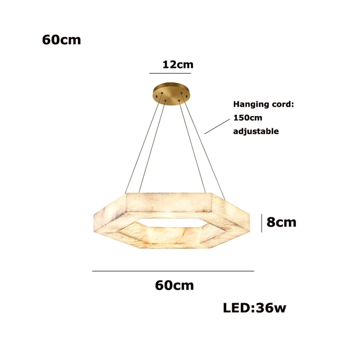 Orivex hexagonal alabaster pendant, Ø60cm ring — dimensions