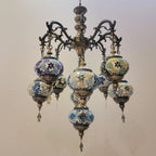 Prismex nine-globe Turkish mosaic chandelier — lit, blue and multicolour mosaic