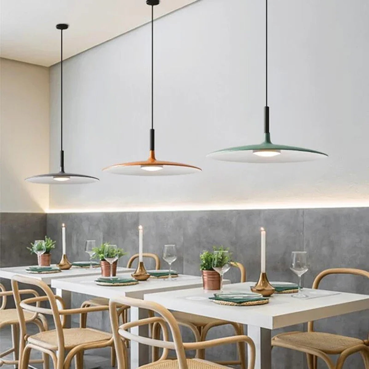 Wide Saucer Disc Pendant Light – Dolux – Lifestyle in a Restaurant, Grey Orange and Green