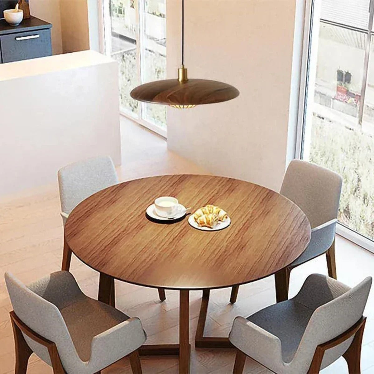 Wood Disc & Brass Wire Cage Pendant Light – Belvora – Lifestyle View 4