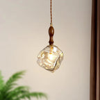 Organic Crumpled Glass Pendant Light Tolux — Walnut Neck, Amber glass, close-up
