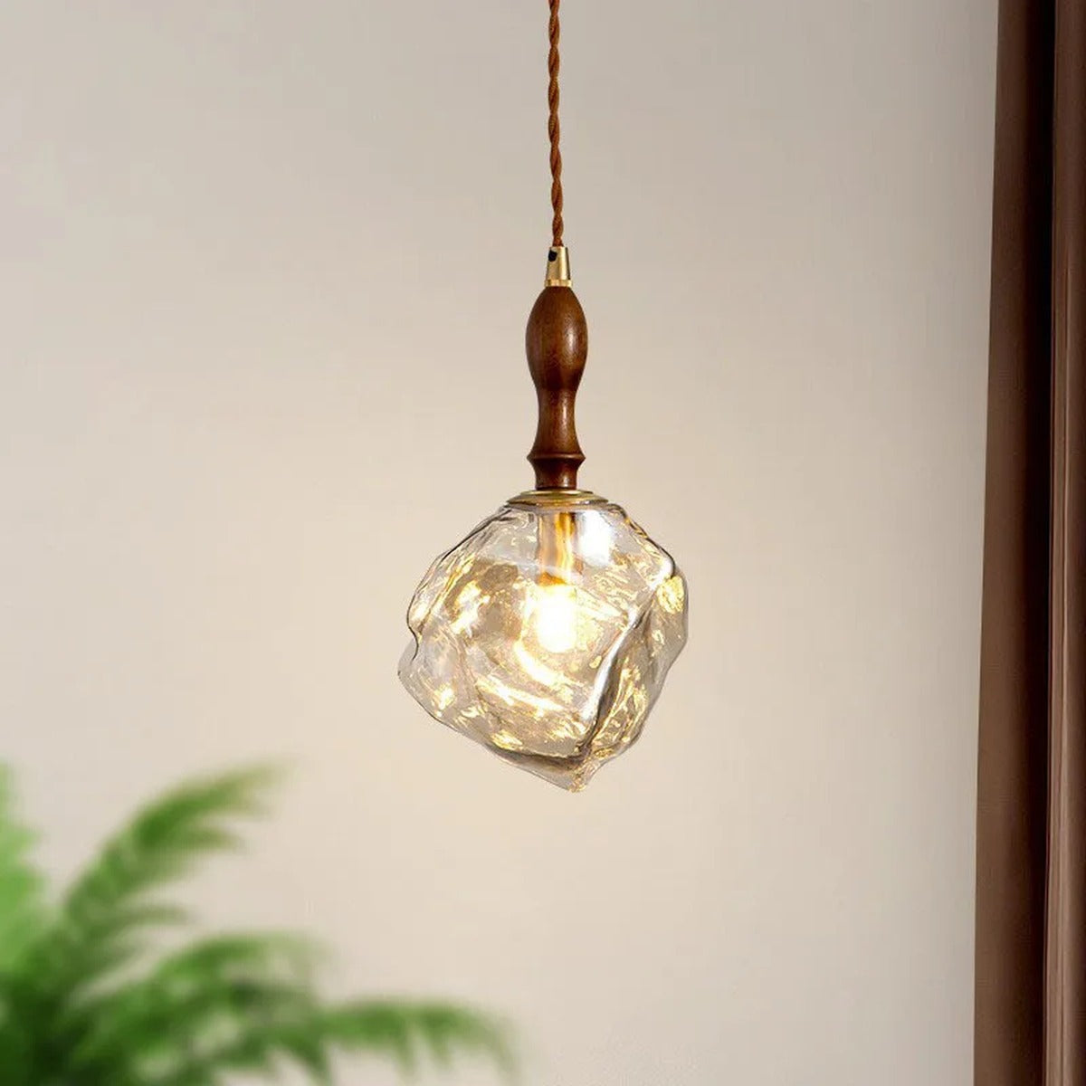 Organic Crumpled Glass Pendant Light Tolux — Walnut Neck, Amber glass, close-up