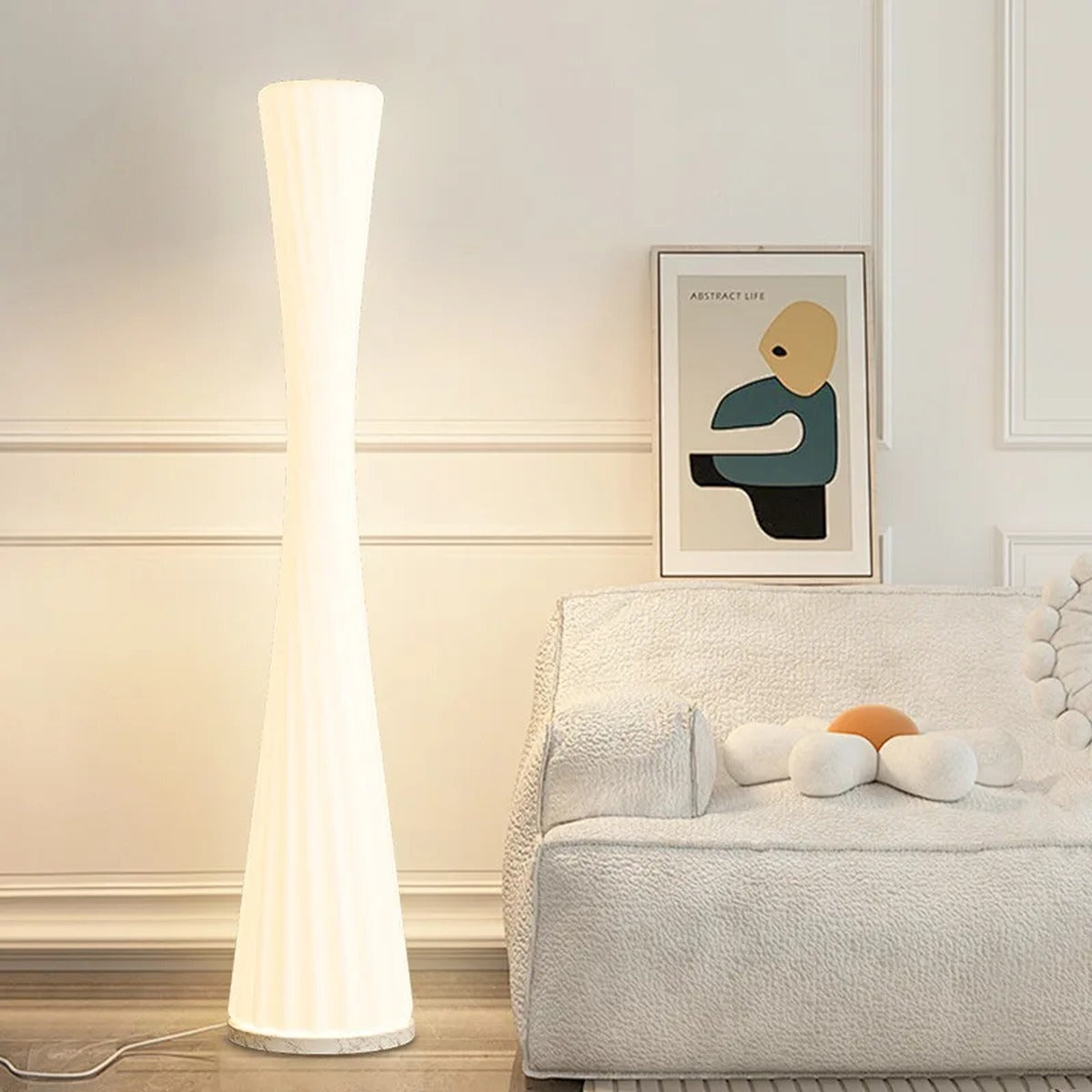 Twisted Sculptural Acrylic Floor Lamp Conveth – Lifestyle, Bedroom Corner