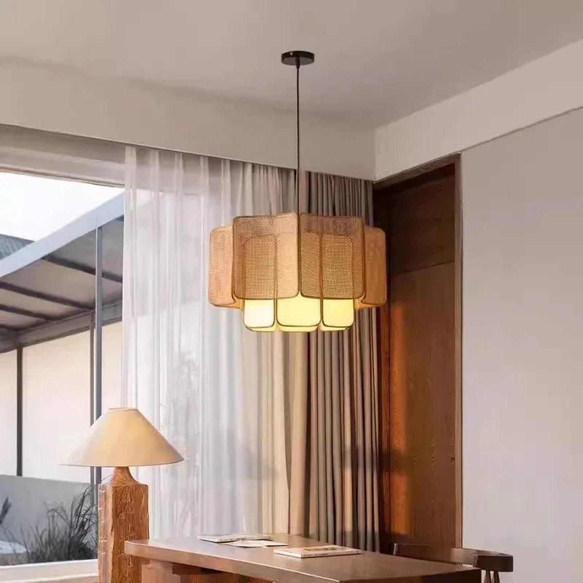 Scalloped Rattan Panel Tiered Pendant Light – Lelrix – Lifestyle View 4