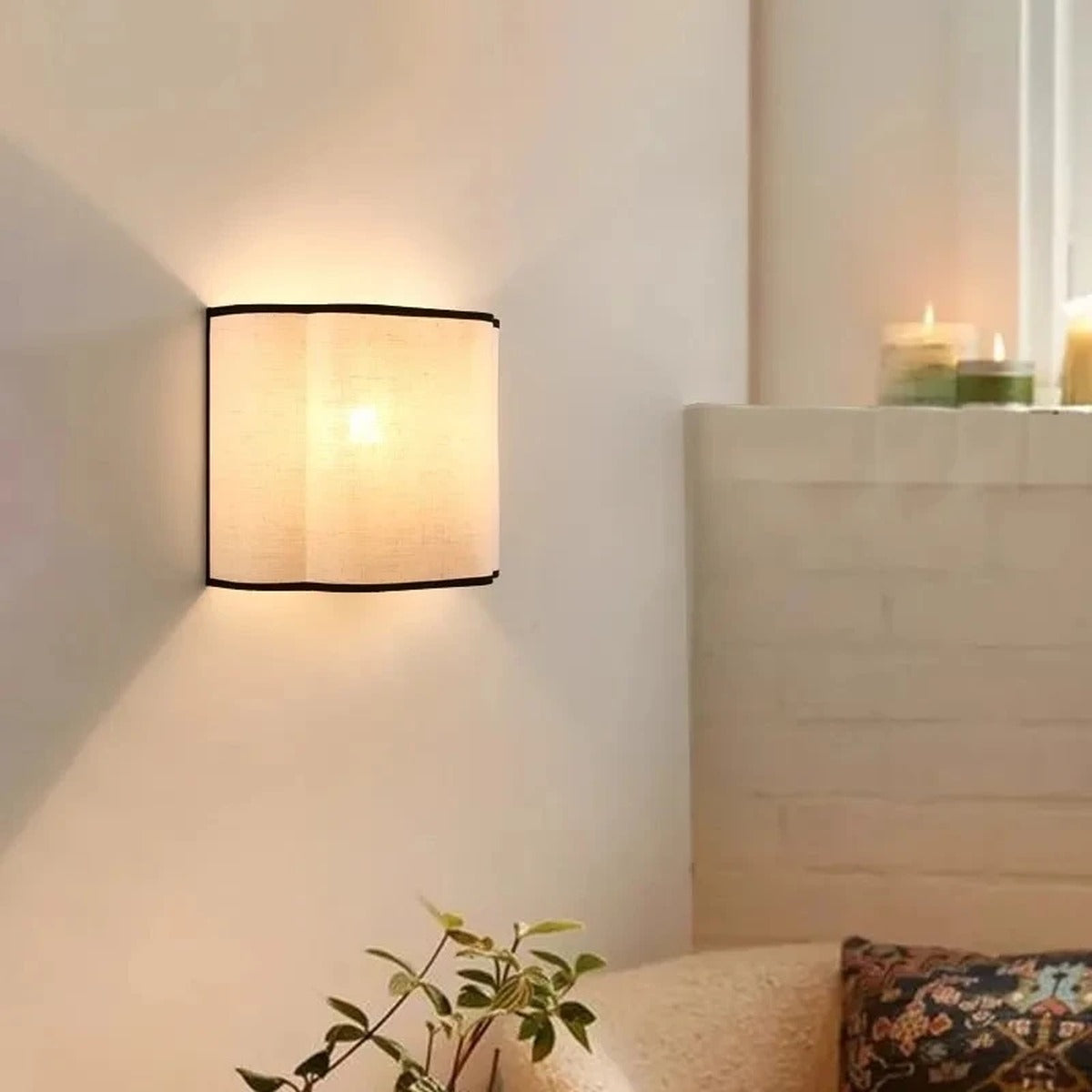 Curved Linen Half-Drum Wall Sconce – Elriven – Lifestyle View 2