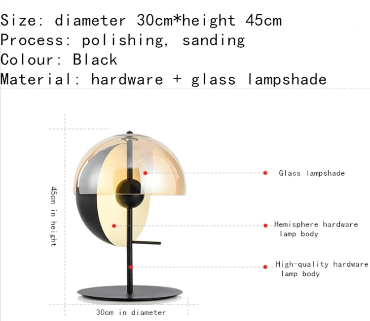 Amber Glass Dome Table Lamp Derox – Dimensions