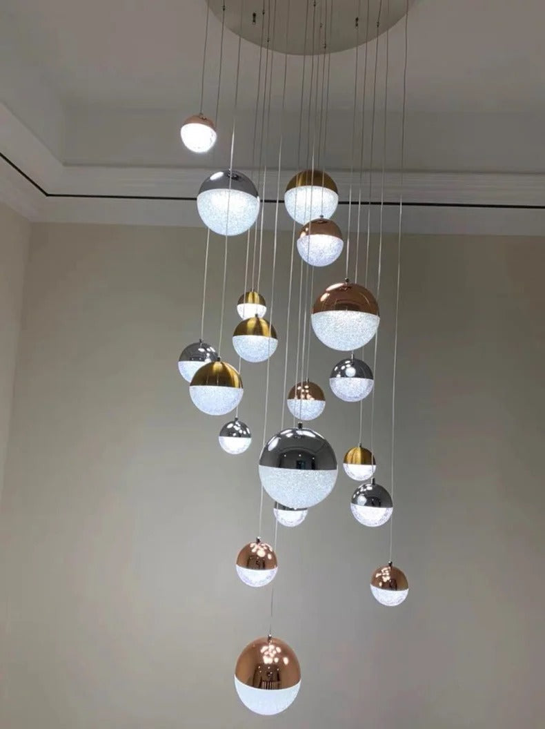 Sand-Textured Crystal Sphere Cluster Chandelier Orvenna — 10-Light Spiral Configuration