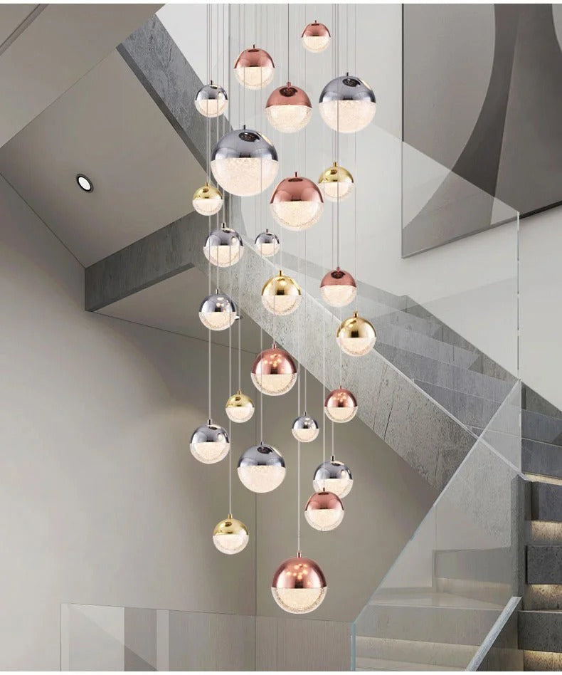 Sand-Textured Crystal Sphere Cluster Chandelier Orvenna — Grand Staircase Configuration