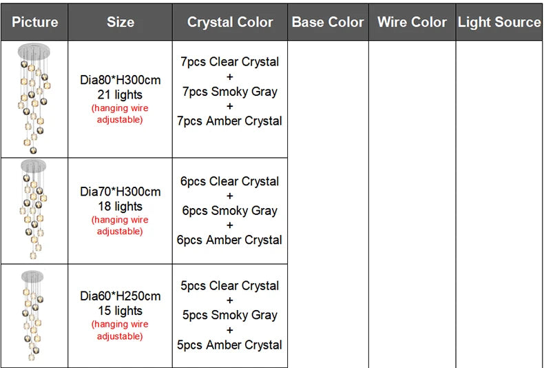 Crystalline Cascade Pendant Light Harvix - Size Specification Chart 1