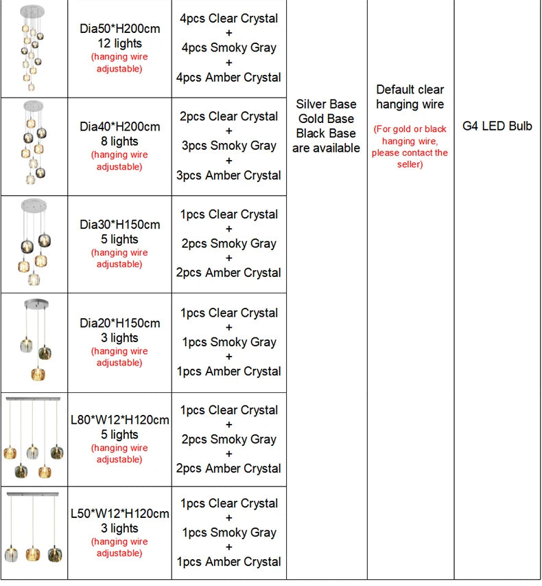 Crystalline Cascade Pendant Light Harvix - Size Specification Chart 2