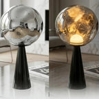 Dixora lamp – polished chrome sphere on matte black conical base detail
