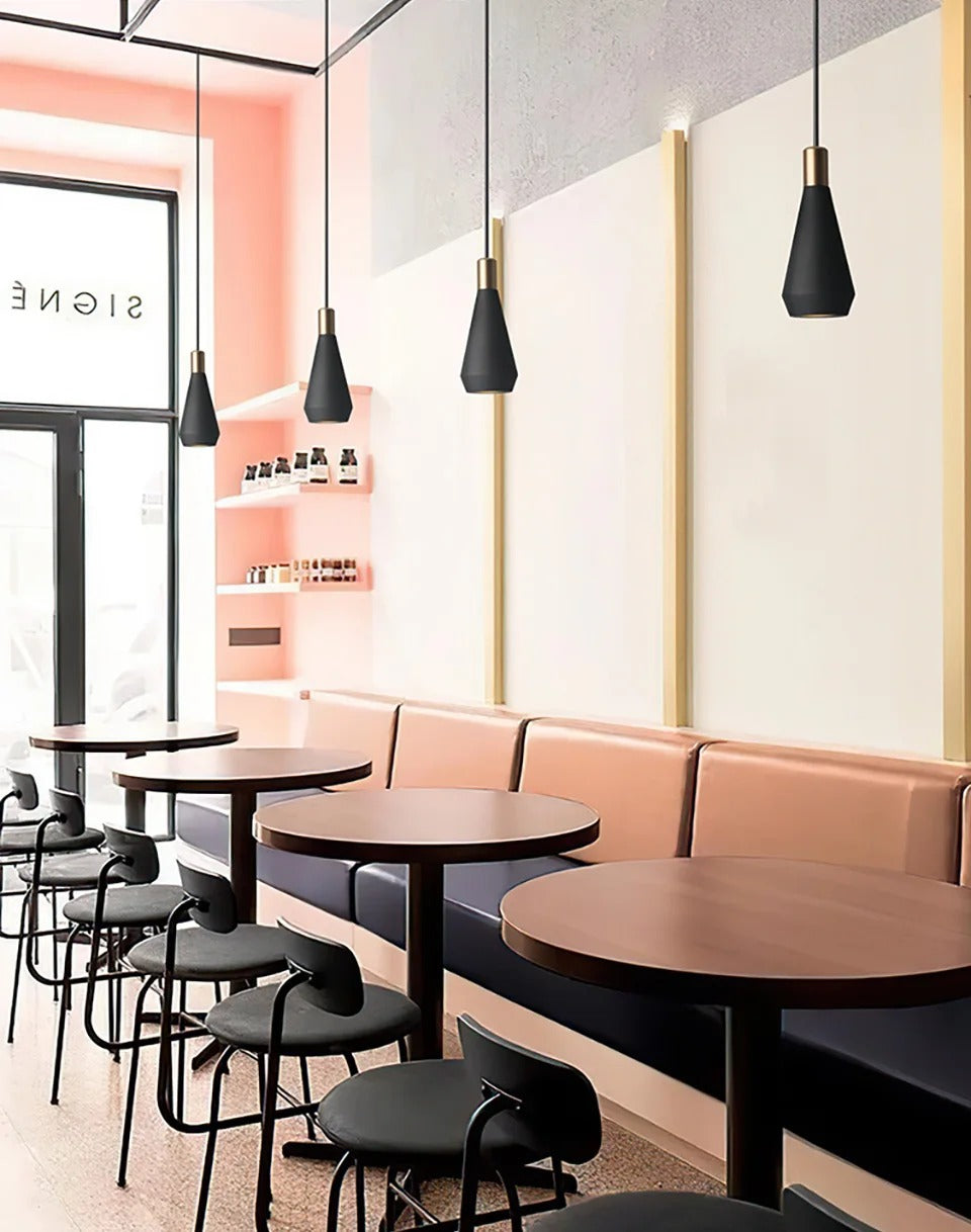 Minimalist Metal Cylinder Pendant Light Doriveth – Lifestyle in Café Setting
