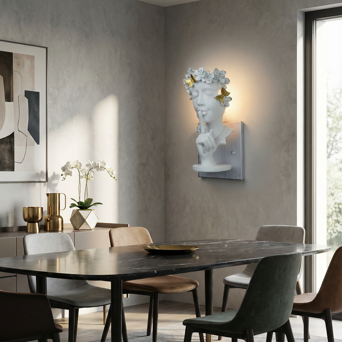 Athela Sculptural Wall Sconce – White, Dining Room Lifestyle