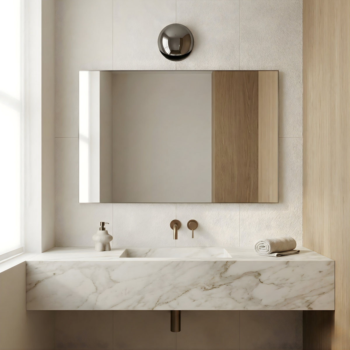 Brivex directional wall sconce, Mirror Chrome finish, in a marble bathroom