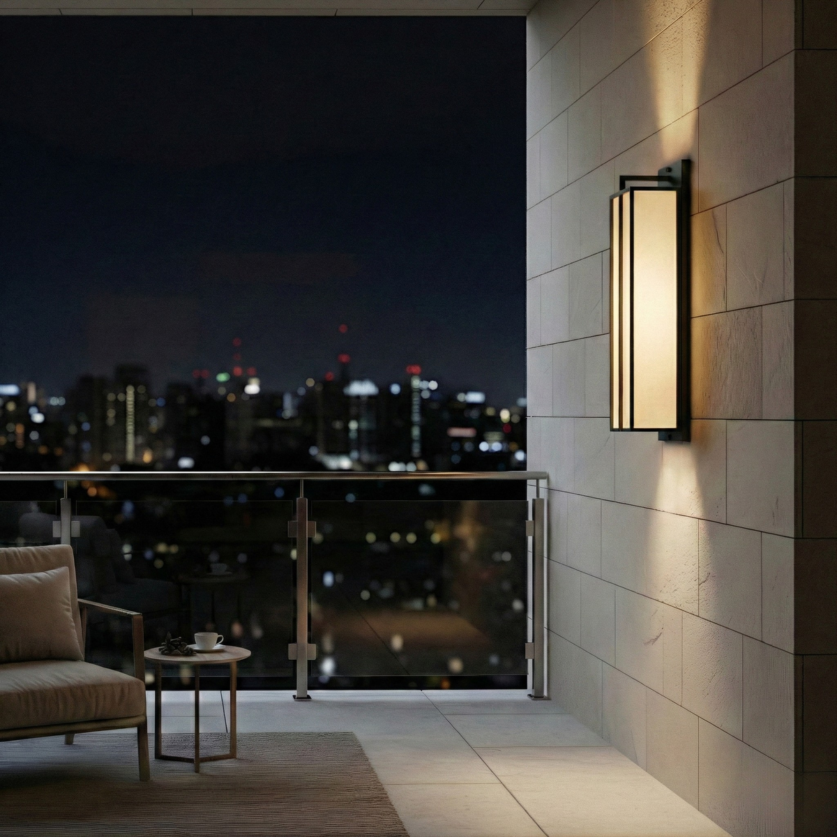 Slatted Linen & Iron Wall Sconce Velmont – Style A lifestyle balcony evening